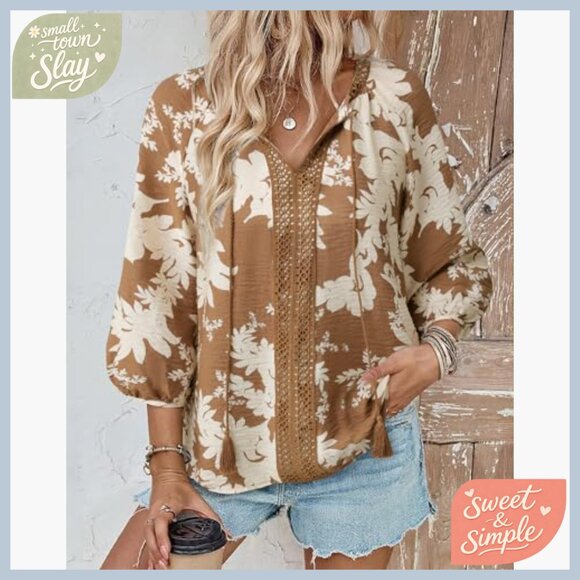 Linen Blend 3/4 Sleeve V-Neck Tunic Top Boho Floral Print Loose Fit - Picture 3 of 6